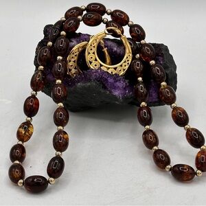 Gold and Brown Beaded Necklace with gold tone clip on hoop earrings